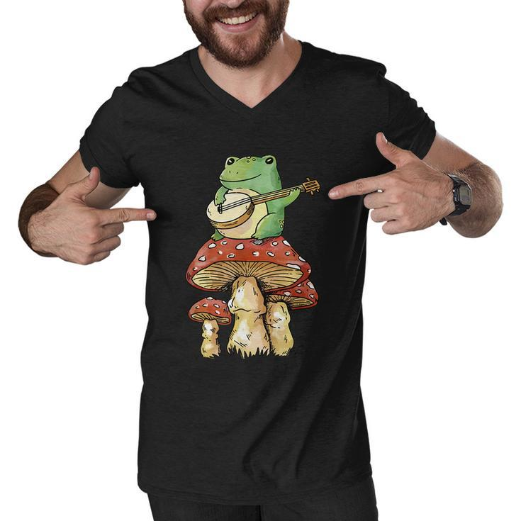 Frog Playing Banjo On Mushroom Cute Cottagecore Aesthetic Men V-Neck Tshirt