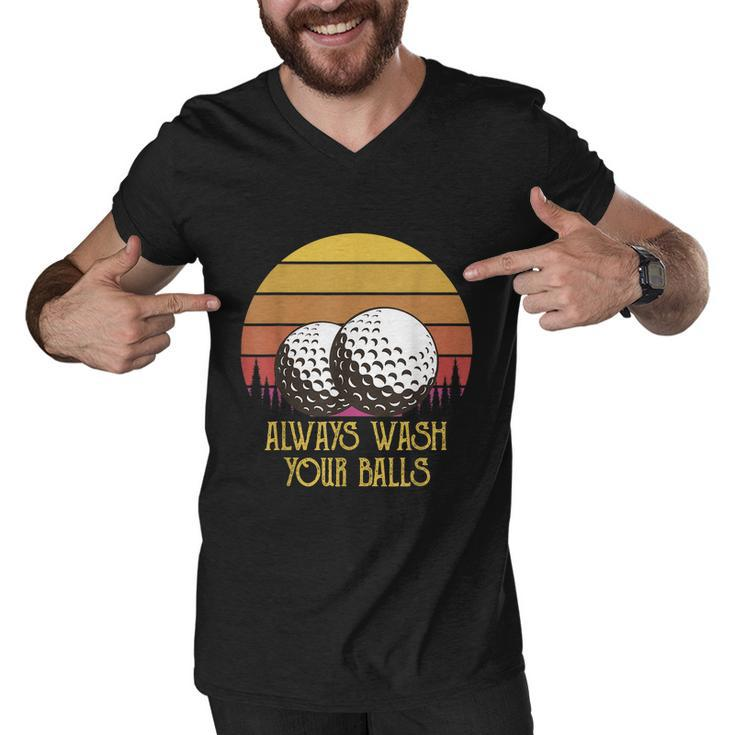 Funny Adult Humor Retro Sunset Golf Always Wash Your Balls Men V-Neck Tshirt