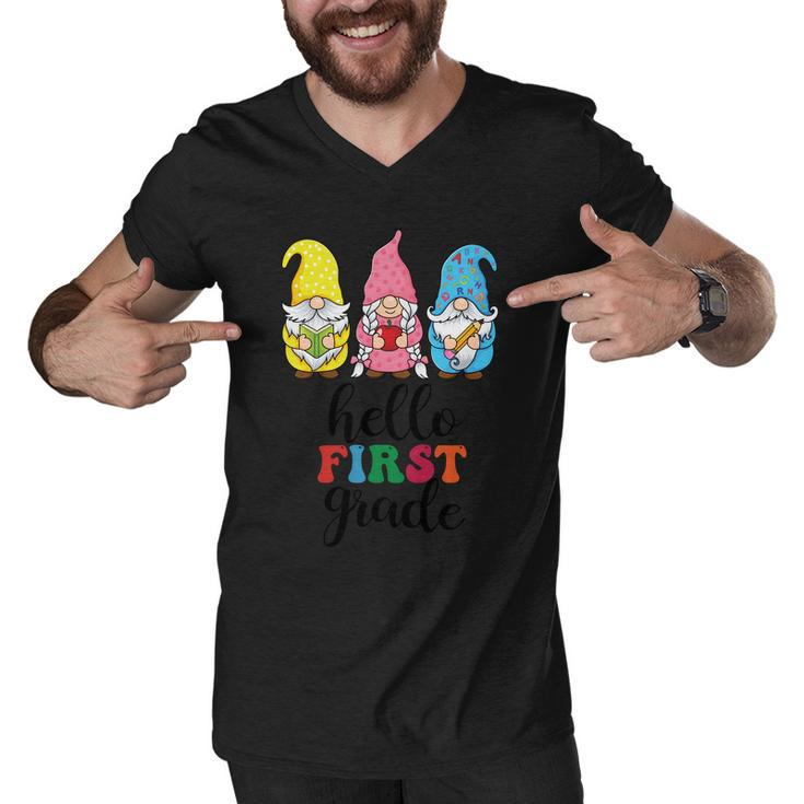 Hello First Grade School Gnome Teacher Students Graphic Plus Size Premium Shirt Men V-Neck Tshirt
