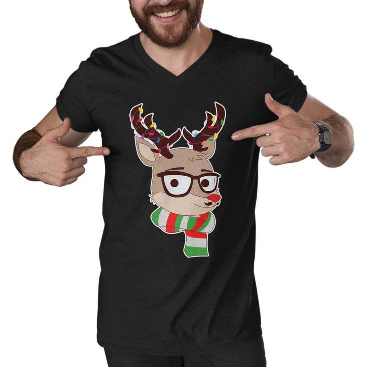 Hipster Red Nose Reindeer Christmas Lights Graphic Design Printed Casual Daily Basic Men V-Neck Tshirt