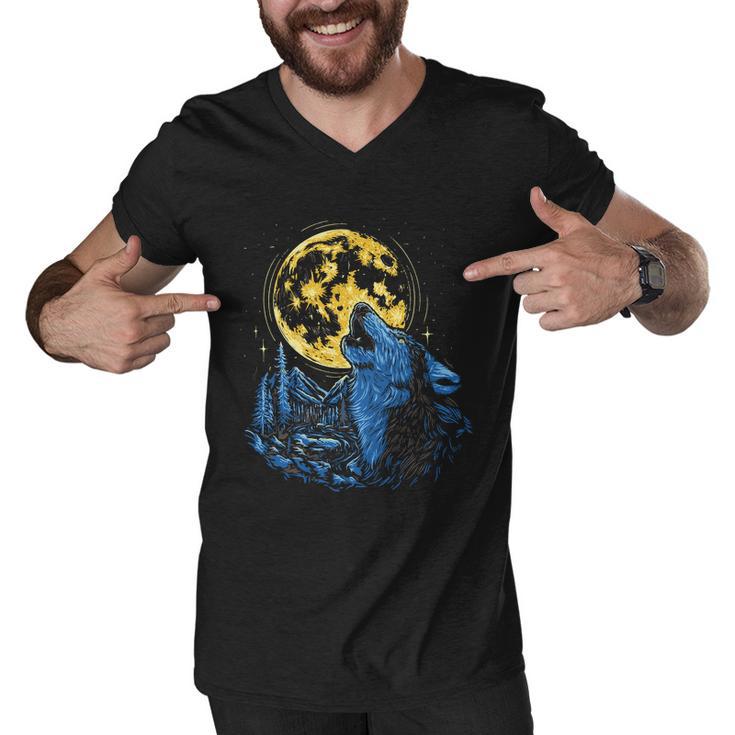 Howling Wolf Yellow Moon Men V-Neck Tshirt