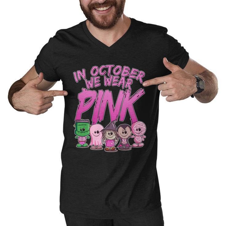 In October We Wear Pink Breast Cancer Halloween Monsters Men V-Neck Tshirt