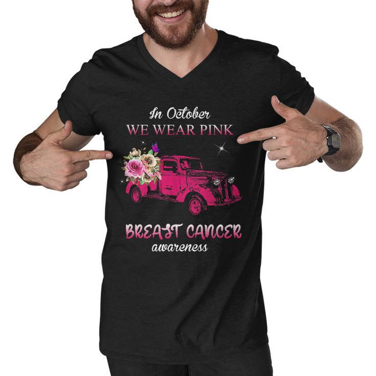 In October We Wear Pink Ribbon Pink Truck Breast Cancer Men V-Neck Tshirt