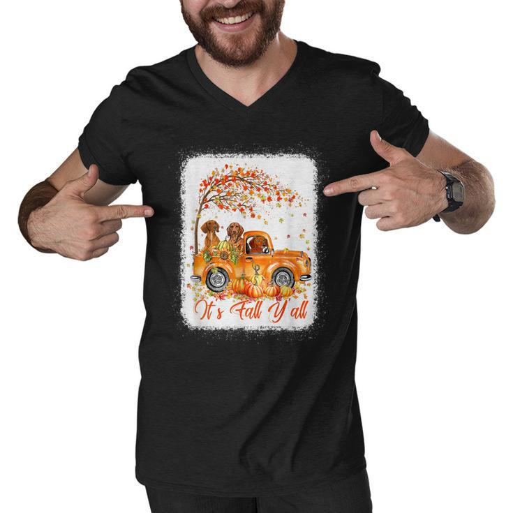 Its Fall Yall Dachshund Riding Truck Pumpkin Autumn Fall  Men V-Neck Tshirt
