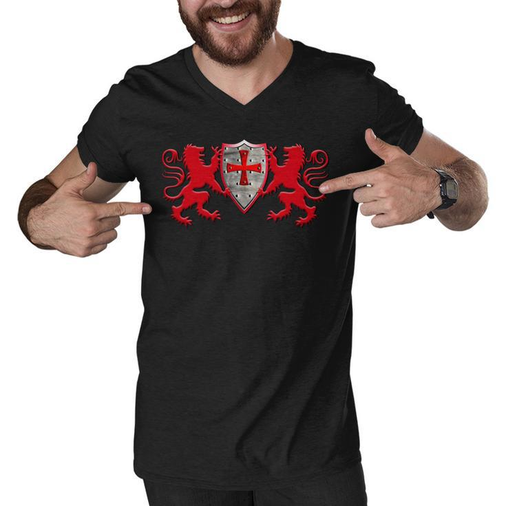 Knights Templar T Shirt - Two Lions And The Knights Shield Men V-Neck Tshirt