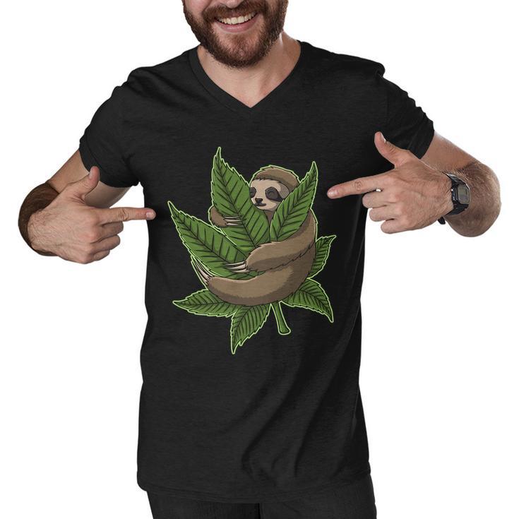 Lazy Sloth Cannabis Leaf Men V-Neck Tshirt