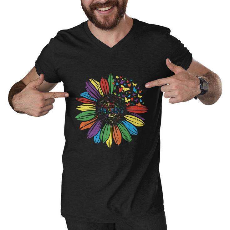 Lgbt Rainbow Color Sunflower Butterfly Pride Month Men V-Neck Tshirt