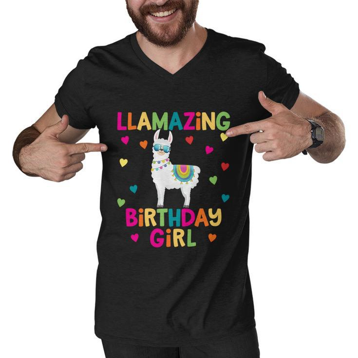 Llama Birthday Party Llamazing Gift Girl Rainbow Hearts Gift Men V-Neck Tshirt