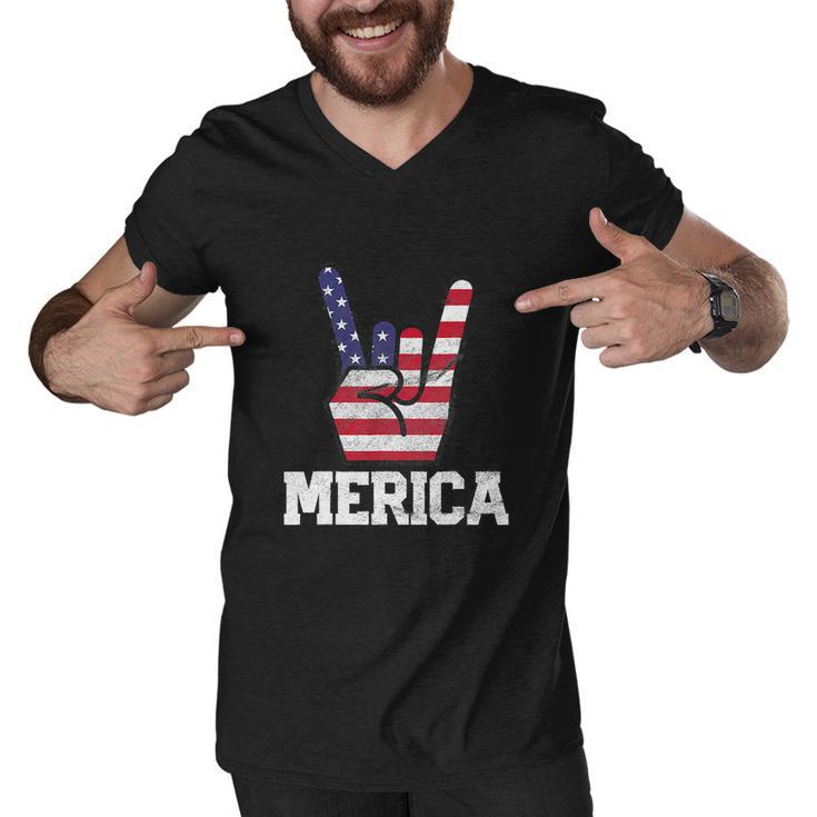 Merica Rock Sign 4Th Of July Vintage American Flag Men V-Neck Tshirt