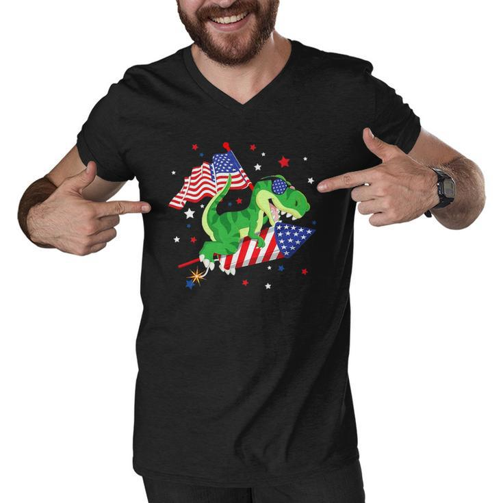 Patriotic Dinosaur Fireworks &8211 Usa American Flag 4Th Of July Men V-Neck Tshirt