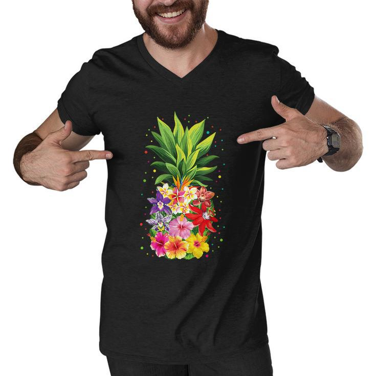 Pineapple Flowers Aloha Hawaii Vintage Hawaiian Floral Women Men V-Neck Tshirt