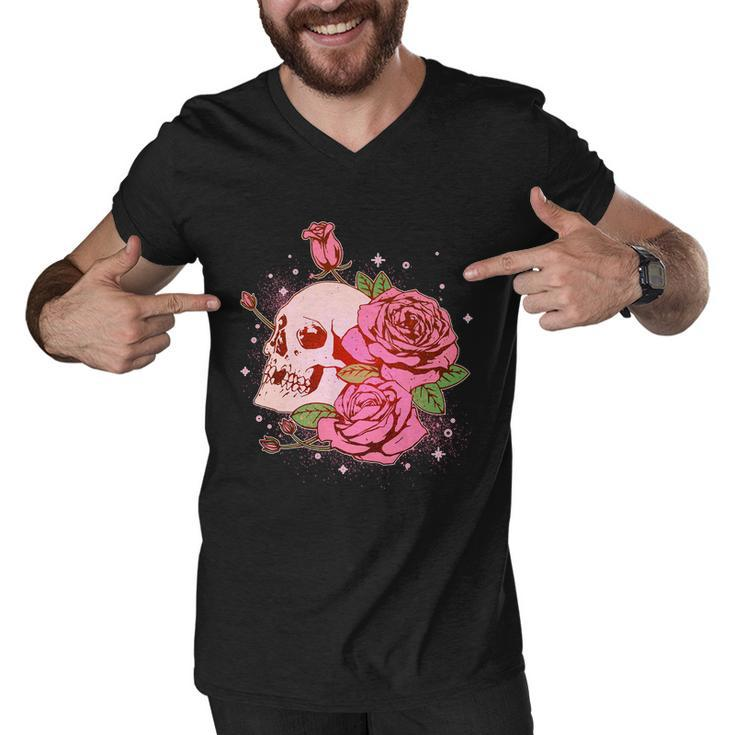 Pink Roses Skull Tattoo Men V-Neck Tshirt