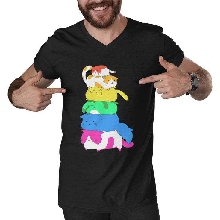 Purride Rainbow Lgbt Cat Pile Funny Feline Gay Pride Cat Gift Men V-Neck Tshirt