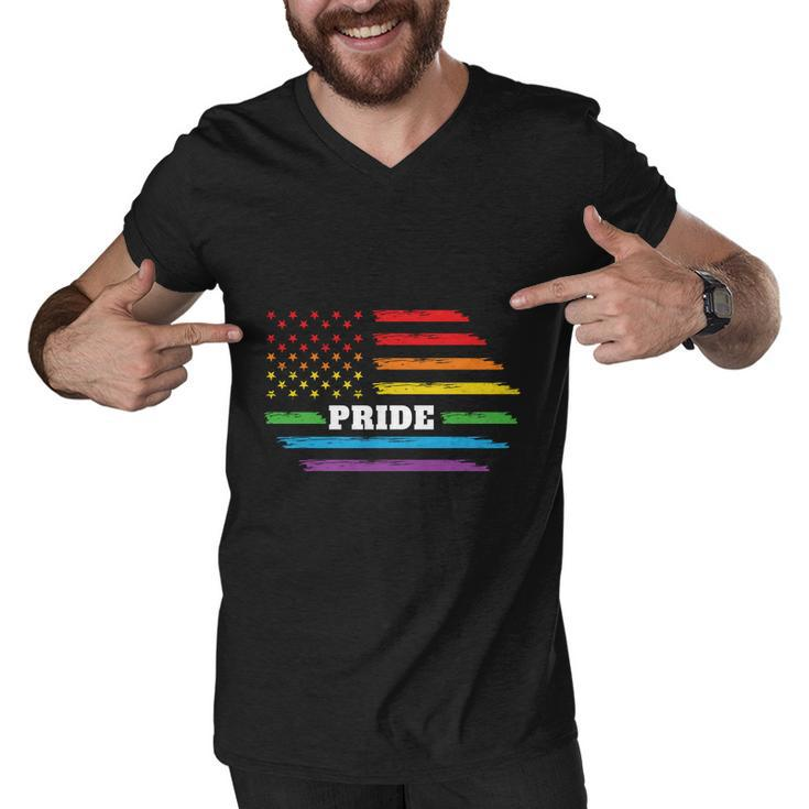 Rainbow Distressed American Flag Pride Month Lbgt Men V-Neck Tshirt