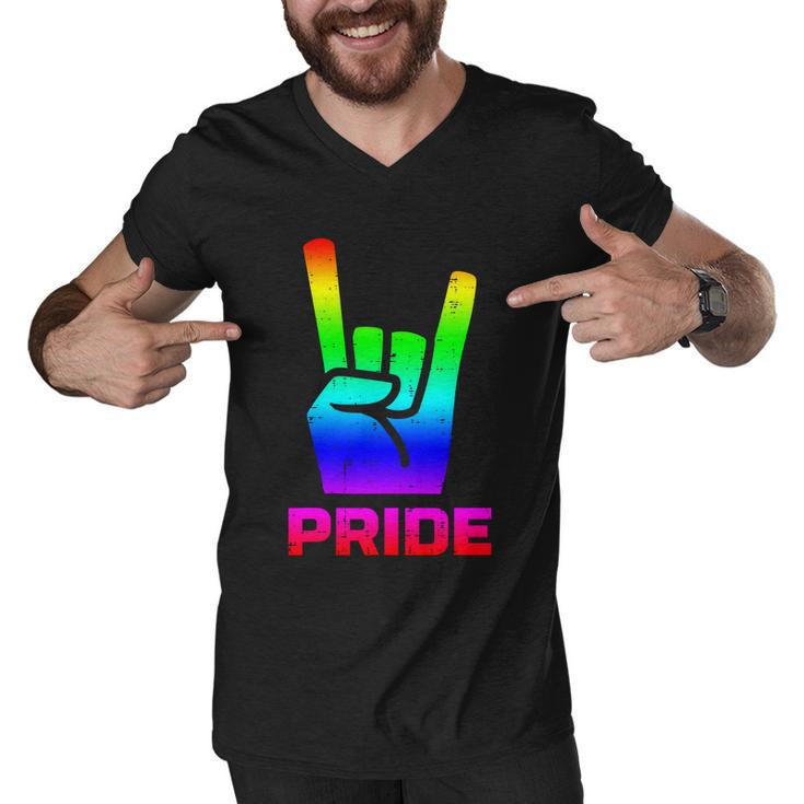 Rainbow Rock Hand Sign Pride Punk Gay Flag Lgbtq Men Women Gift Men V-Neck Tshirt