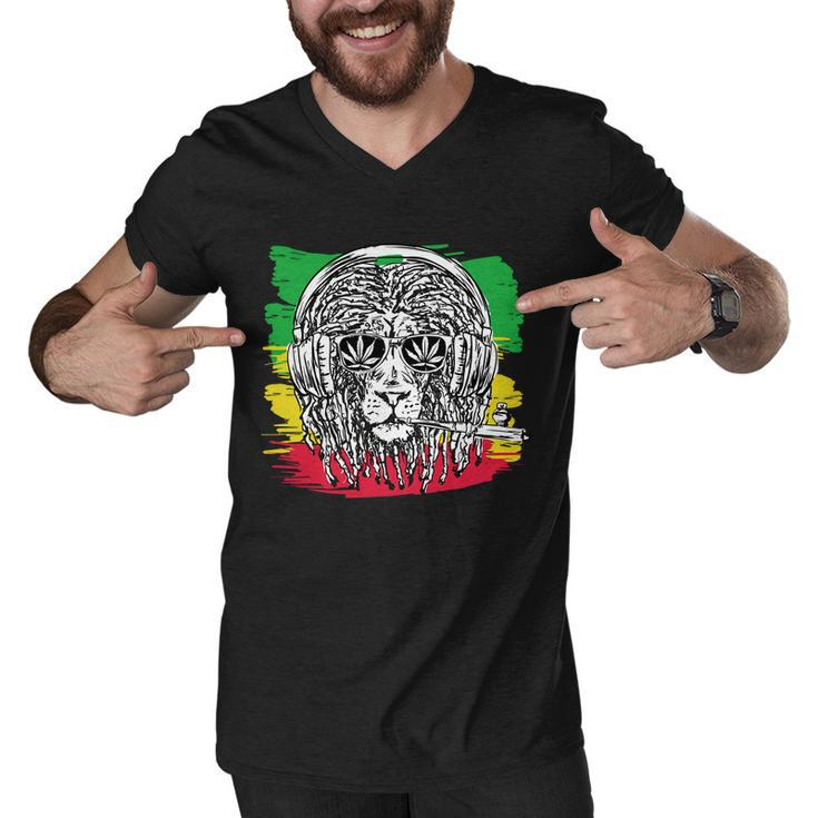 Rasta Lion With Glasses Smoking A Joint Men V-Neck Tshirt