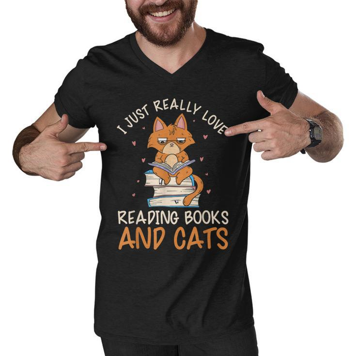 Reading Books And Cats Cat Book Lovers Reading Book  Men V-Neck Tshirt