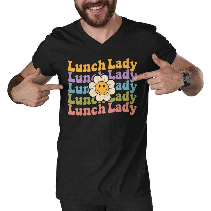 Retro Groovy Lunch Lady Teacher Back To School Lunch Lady Men V-Neck Tshirt
