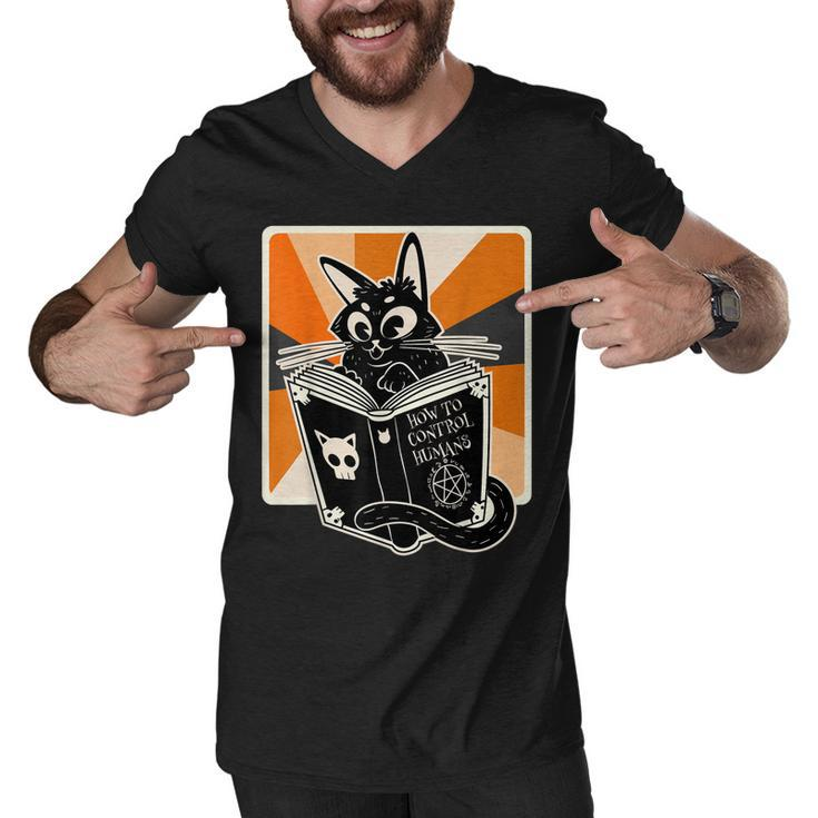 Retro Halloween Black Cat Funny Witch Book Cat Lover  Men V-Neck Tshirt