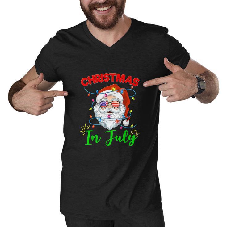 Santa Hat Sunglasses Usa Flag Christmas In July Men V-Neck Tshirt