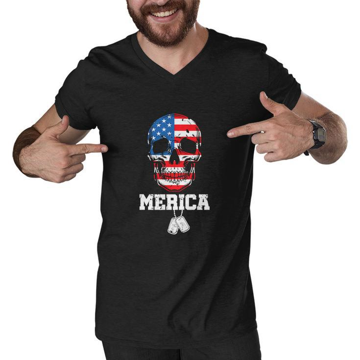 Skull Merica Patriotic American Flag Funny 4Th Of July Men V-Neck Tshirt