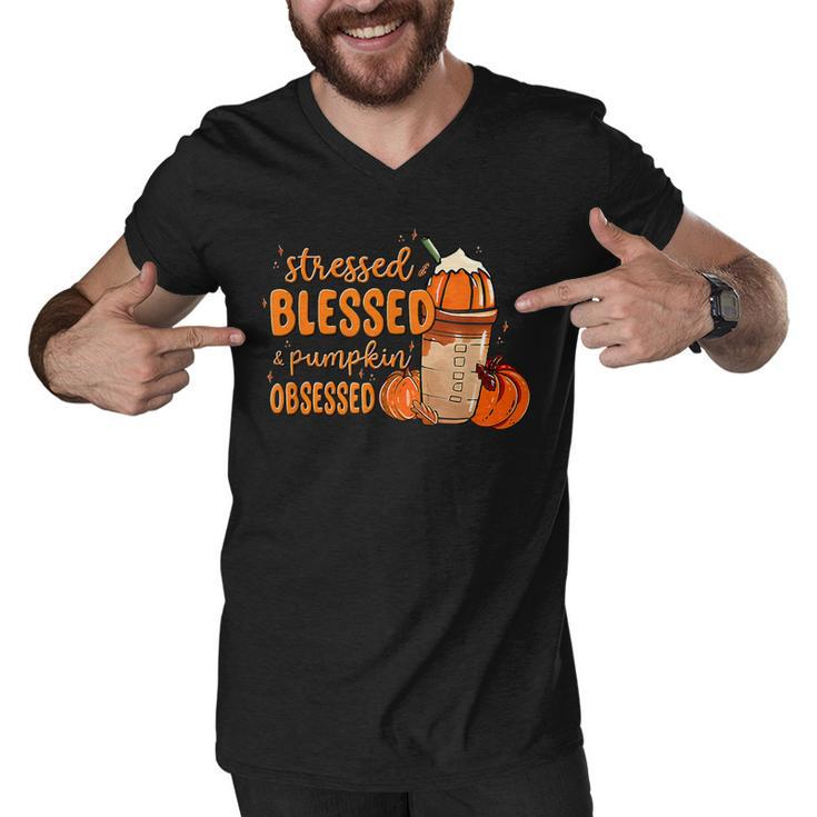 Stressed Blessed And Pumpkin Obsessed Fall Autumn   Men V-Neck Tshirt