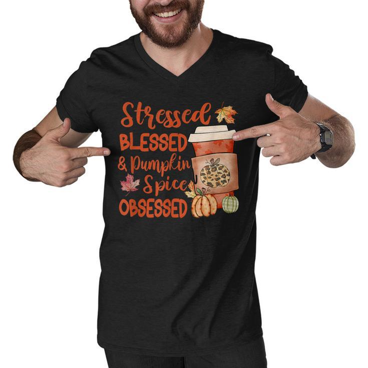 Stressed Blessed And Pumpkin Spice Obsessed Fall Autumn Love  Men V-Neck Tshirt