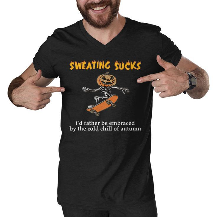 Sweating Sucks Skeleton Pumpkin Playing Skateboard Halloween   Men V-Neck Tshirt