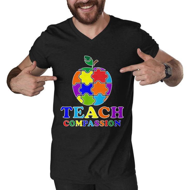 Teach Compassion Autism Awareness Teacher Apple Puzzle Men V-Neck Tshirt