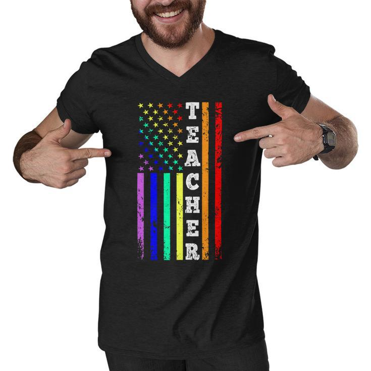 Teacher American Gay Pride Flag Men V-Neck Tshirt