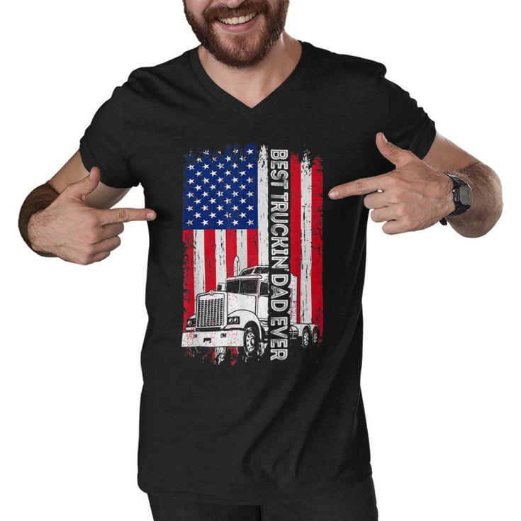 Trucker Trucker Best Truckin Dad Ever Usa Flag Driver Fathers Day_ Men V-Neck Tshirt