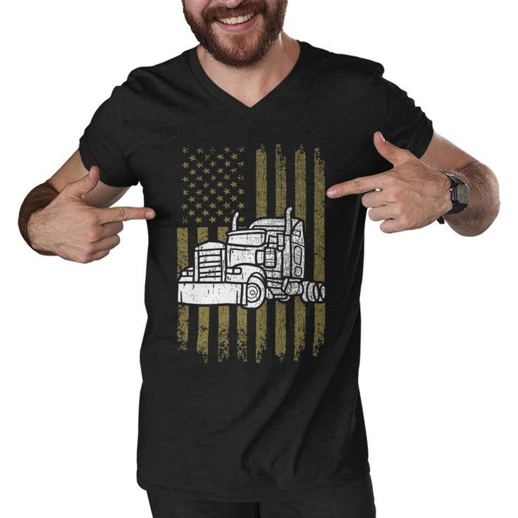 Trucker Trucker Vintage American Flag Semi Truck Driver Patriotic Men V-Neck Tshirt