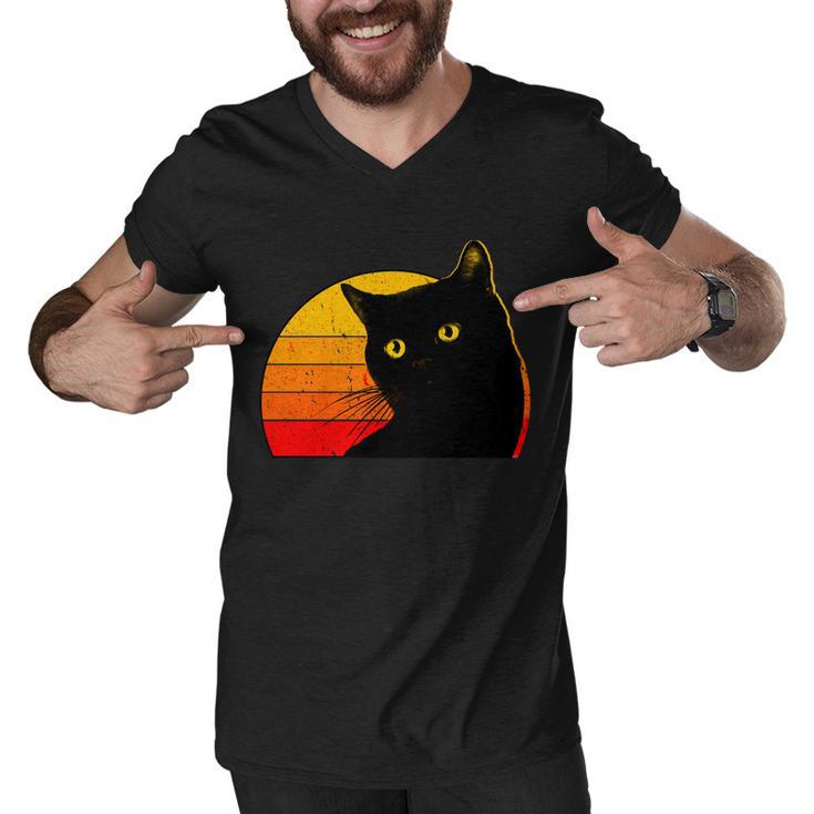 Vintage 80S Style Black Cat Retro Sun Men V-Neck Tshirt