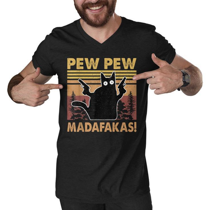 Vintage Black Cat Pew Pew Madafakas Funny Crazy Cat Lovers  V2 Men V-Neck Tshirt