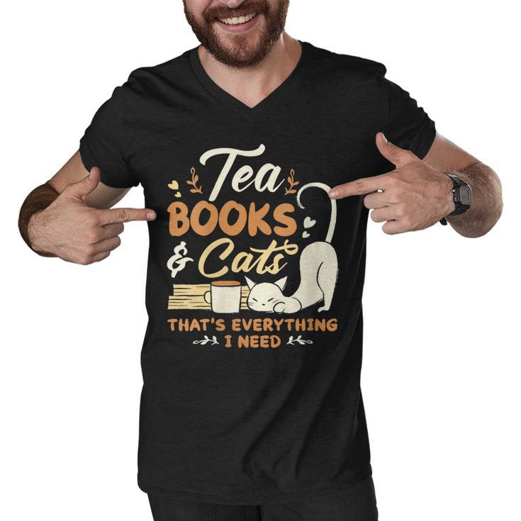 Womens Tea Books And Cats Cat Book Lovers Reading Book  Men V-Neck Tshirt
