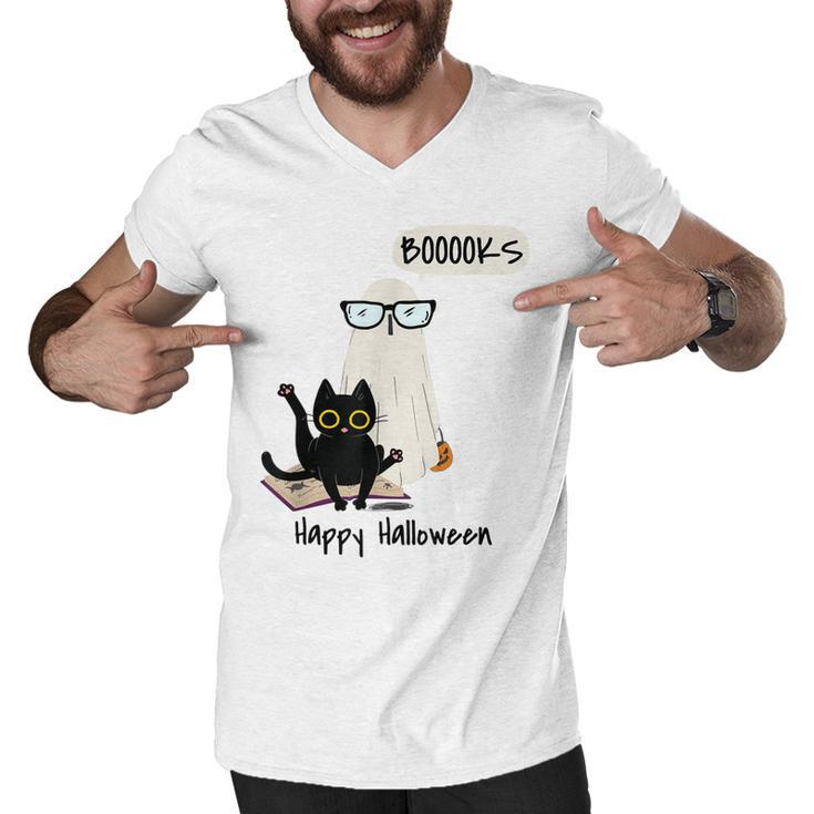 Book Lover Halloween Boooks Ghost Boo And Black Cat Cute  Men V-Neck Tshirt