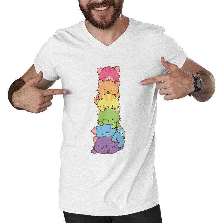 Cute Lgbt Rainbow Gay Pride Flag Kawaii Cat Pile Anime Art Gift Men V-Neck Tshirt