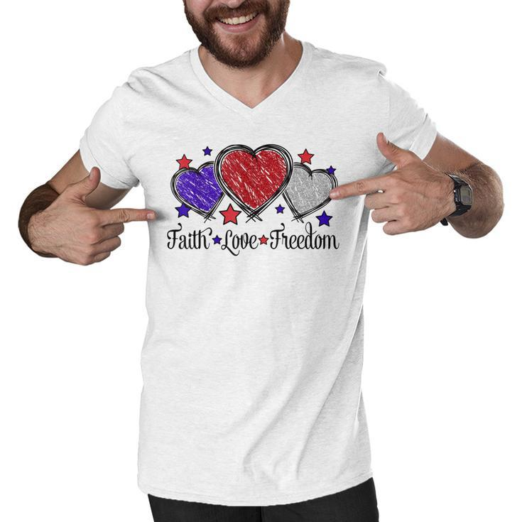 Faith Love Freedom 4Th Of July American Flag Heart  Men V-Neck Tshirt