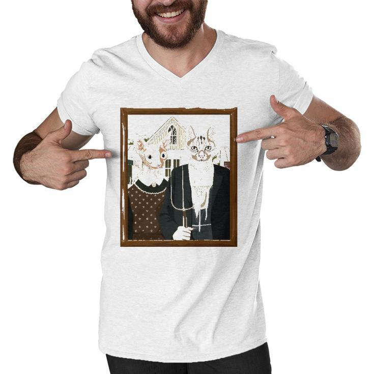 Funny American Gothic Cat Parody Ameowican Gothic Graphic Men V-Neck Tshirt