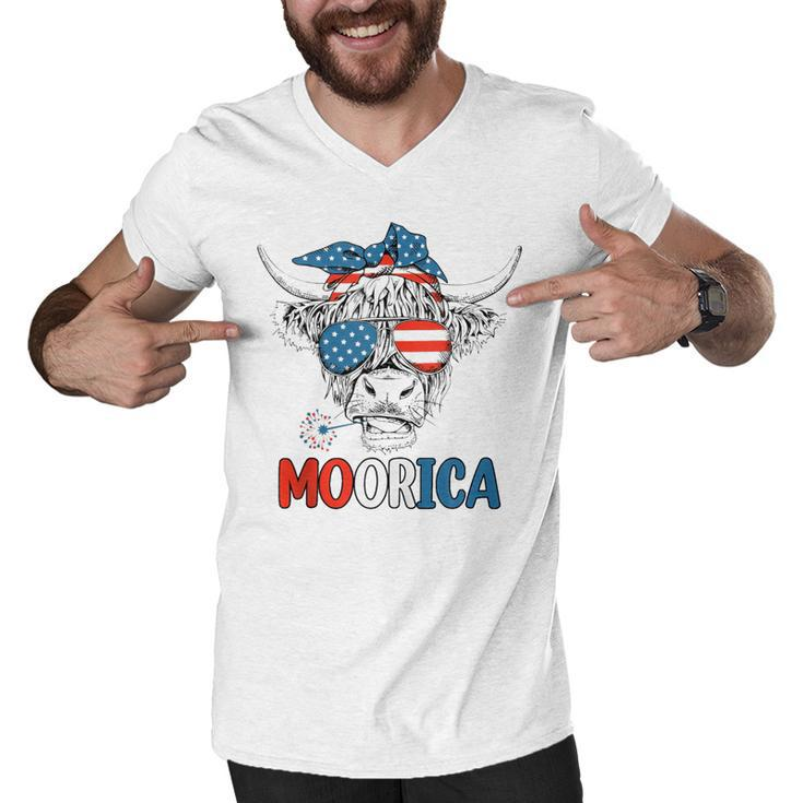 Funny Moorica 4Th Of July American Flag Highland Cow  Men V-Neck Tshirt