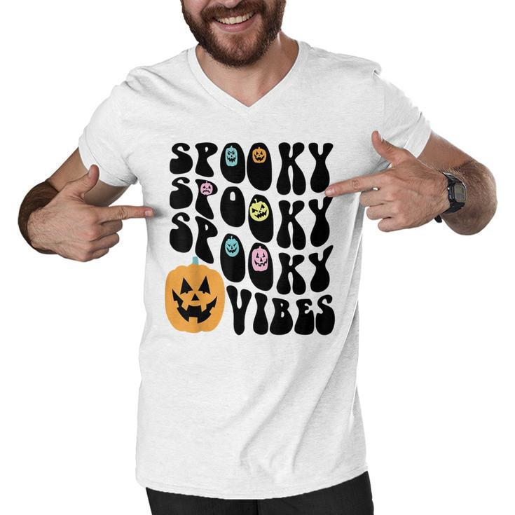 Groovy Spooky Vibes Scary Pumpkin Face Funny Halloween  Men V-Neck Tshirt
