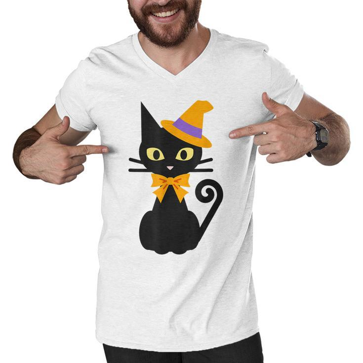 Halloween Black Cat With Hat And Bow Japanese Funny  Men V-Neck Tshirt
