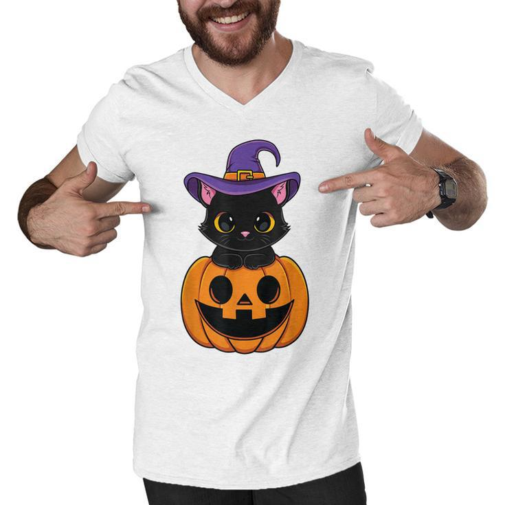 Halloween Cute Black Cat Witch Hat Pumpkin For Kids Girls  Men V-Neck Tshirt