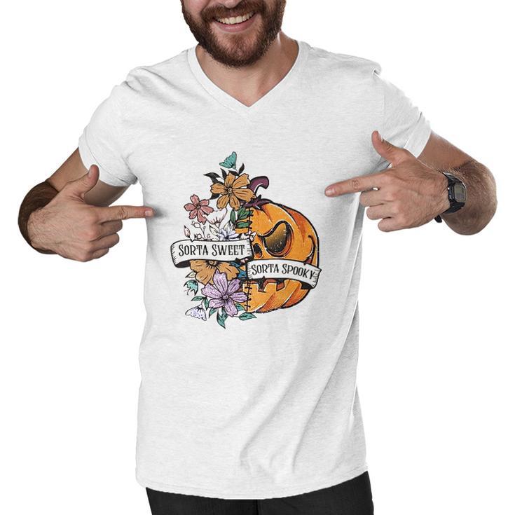 Halloween Sorta Sweet Sorta Spooky Pumpkin Floral Men V-Neck Tshirt