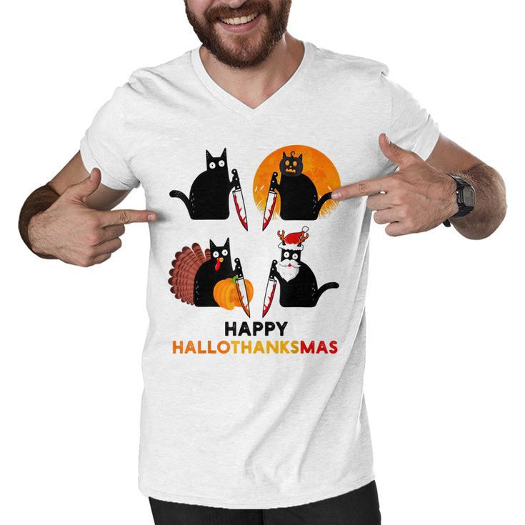 Happy Hallothanksmas Black Cat Halloween Thanksgiving  Men V-Neck Tshirt