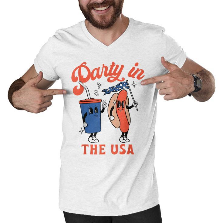 Party In The Usa  Hot Dog Kids Funny Fourth Of July  Men V-Neck Tshirt