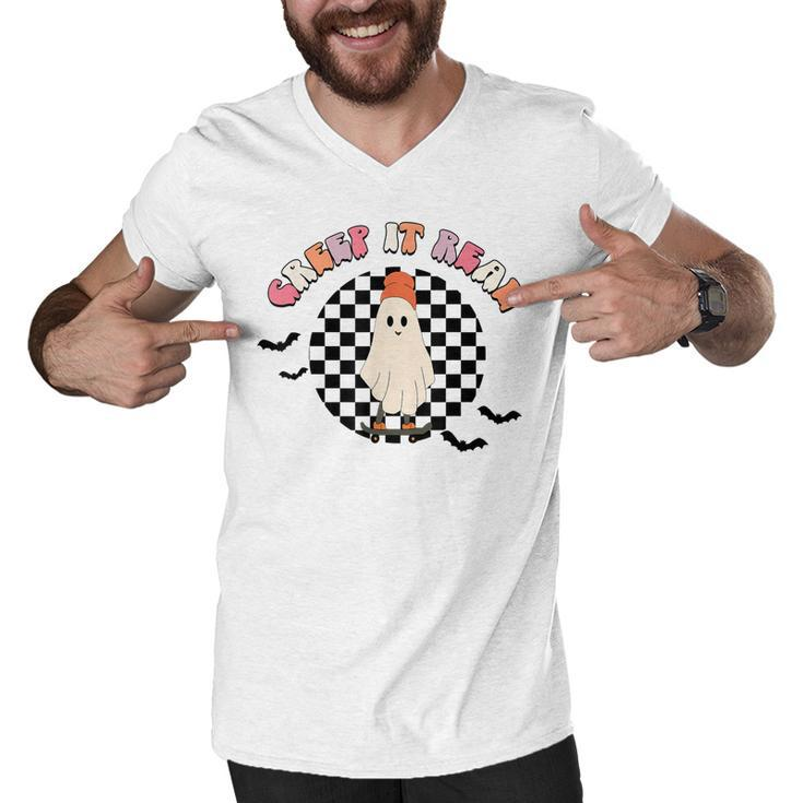 Retro Checkered Creep It Real Ghost Skater Funny Halloween  Men V-Neck Tshirt
