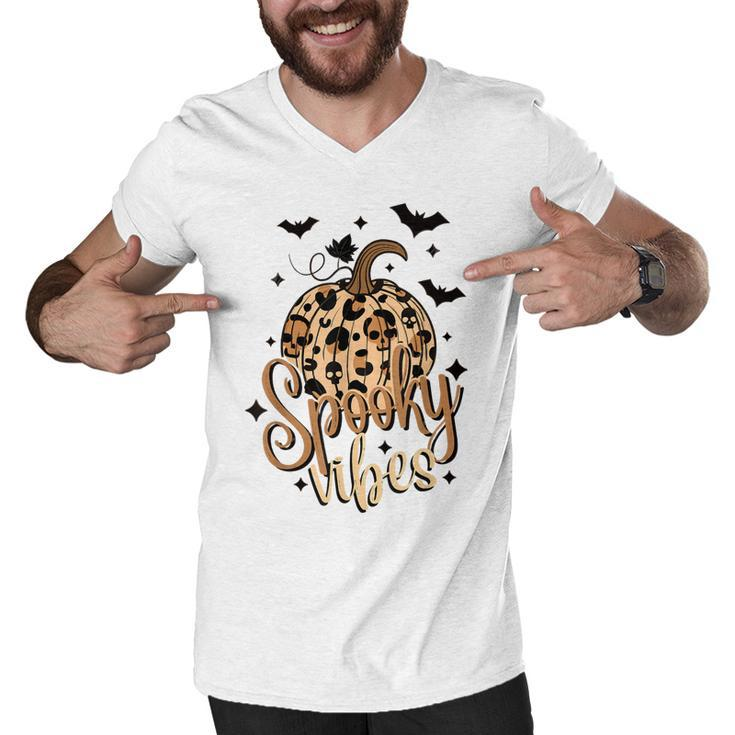 Spooky Vibes Skull Leopard Pumpkin Vintage Boho Halloween  Men V-Neck Tshirt