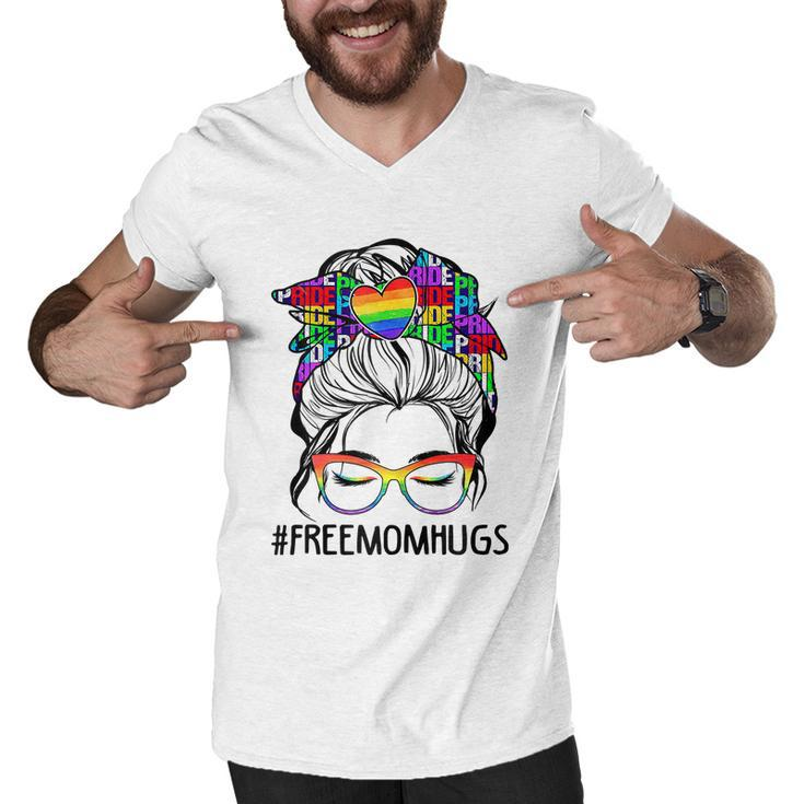 Womens Free Mom Hugs Messy Bun Lgbt Pride Men V-Neck Tshirt