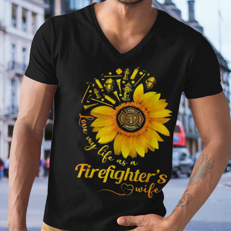 Firefighter Sunflower Love My Life As A Firefighters Wife Men V-Neck Tshirt